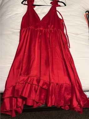 Red Satin Ruffled Slip Dress